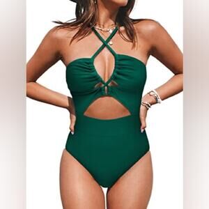 CUPSHE NWT Plunge Neckline Cutout Criss Cross One Piece Swimsuit Green Size XL